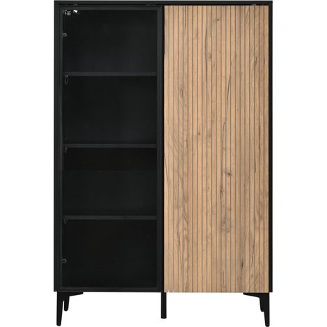 Vetrina moderna vintage 90 cm in MDF nera e effetto legno con 2 ante e LED RGB (1/5)