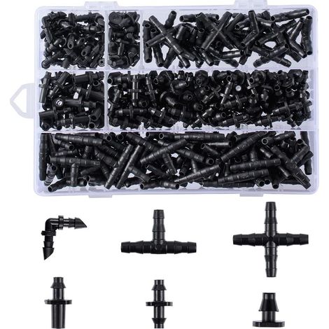 Set mit 280 Schlauchverbindern für Tropfbewässerung, 6,35 mm, für Blumentöpfe, Garten, Rasen (einzelne gerade Spitzen, T-Spitzen, Winkel, Endkappe, 4-Wege-Verbinder) (1/5)