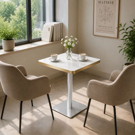 Tavolo da pranzo quadrato 60x60 cm effetto marmo con base in metallo bianco (1/5)