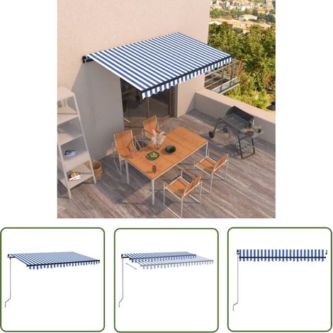 The Living Store Auvent manuel rétractable 400x350 cm Bleu et blanc - Auvent Pliable - Store Extérieur - Abri Solaire - Parasol - Protection Soleil (1/5)