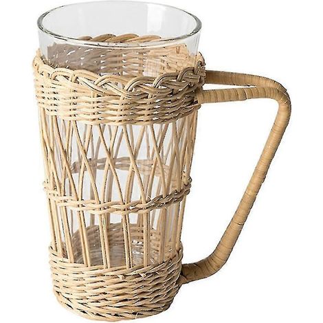 Porte-tasse vintage rustique en rotin avec verre intégré pour café ou thé (1/5)