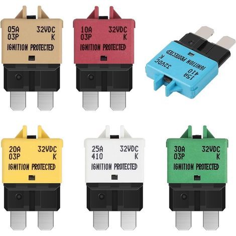 6pcs Fusibles à Réarmement Manuel 32V DC - 5A 10A 15A 20A 25A 30A Kit de Fusible Voiture Réarmable pour Camion, Bateau, Camping-car, Remorque, RV