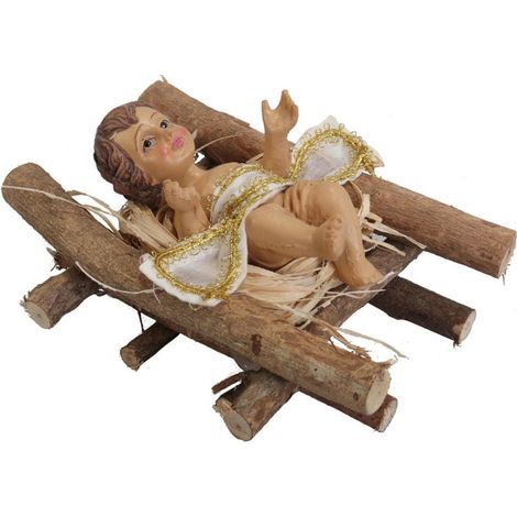 Statuetta di Gesù in una mangiatoia di legno, colore marrone