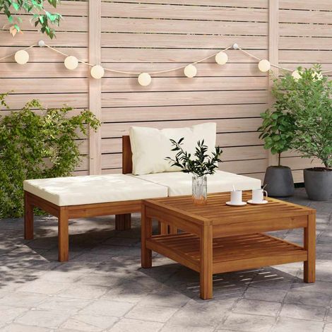 vidaXL Muebles de jardín 3 pzas cojines blanco crema madera de acacia (1/5)