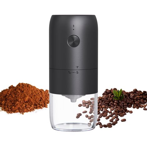 Molinillo de café eléctrico portátil recargable por USB-C con muelas cerámicas de molienda ajustable y control de un solo botón, ideal para cafeteras de émbolo/espresso.