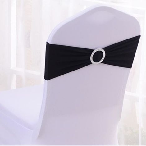 20 bandes élastiques avec boucles pour housses de chaises, idéales pour la décoration des dossiers de chaises de mariage, les fêtes d'hôtel, les banquets et autres événements. Noires. (1/3)