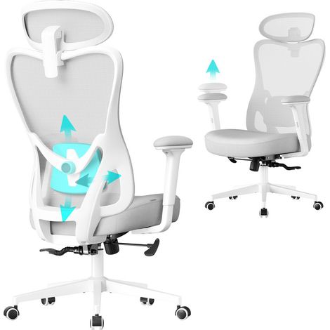 Chaise de Bureau Ergonomique, Fauteuil de Bureau, Appui-Tête et Soutien Lombaire Réglables, Supporte Jusqu’à 150 kg, Hauteur Réglable, Gris Tourterelle (1/5)