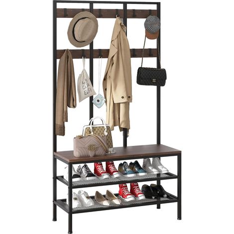 Dripex Grand porte-manteaux avec assise - 12 crochets amovibles et 100 x 40 x 182 cm - Marron vintage (1/5)