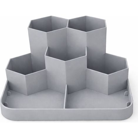 Organizador de escritorio gris con 7 compartimentos para accesorios.