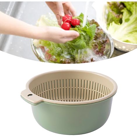 Panier à laver rond à double couche pour fruits et légumes, passoire de cuisine verte (1/5)