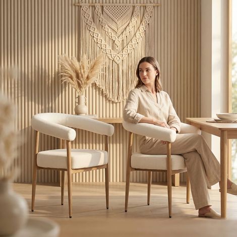 REDOM Lot de 2 chaises de salle à manger rembourrée, dossier ergonomique incurvé, pieds réglables, structure en acier, blanche (1/5)