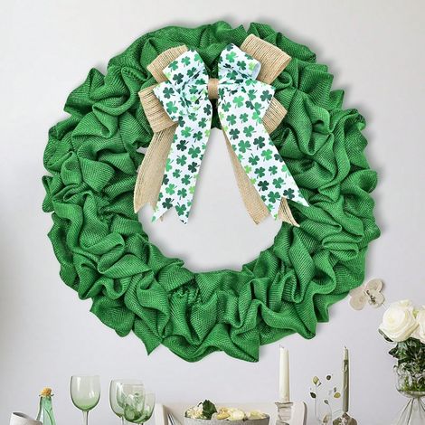 Couronne de fleurs en ruban pour la Saint-Patrick, couronne de trèfle pour décoration de porte et murale, décor de fête irlandaise (1/5)