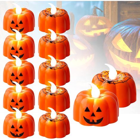 Lot de 12 bougies chauffe-plat LED sans flamme en forme de citrouille avec effet clignotant, alimentées par piles. (1/5)