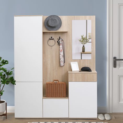 Mobile Attaccapanni da Ingresso 4 in 1 con Specchio, Ganci e Ripiani Regolabili Interni, Mobile da Ingresso Multiuso in Legno con Cassetto, 145x29x184 cm, Legno Naturale e Bianco (1/5)