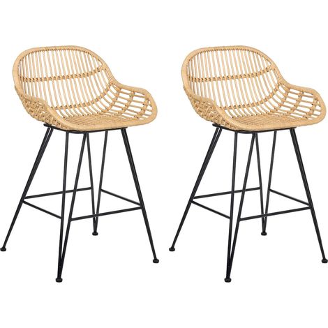 Set Boho da 2 sedie da bar in rattan per sala da pranzo e cucina con gambe in ferro naturale Terrell