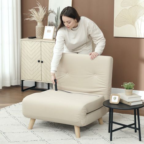 Fauteuil-lit pliable beige en velours avec dossier réglable, 1 place, OKWISH (1/5)