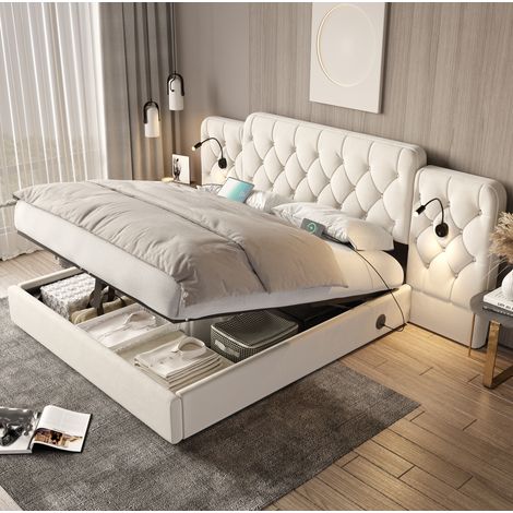Lit coffre en velours beige 160x200 cm avec tête de lit allongée, USB, liseuses et rangement hydraulique (1/5)