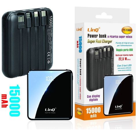 Linq - Power Bank Con Ricarica Super Veloce 22.5w 15000mah Display Lcd 4 Cavi Tt-13802 - (1/2)