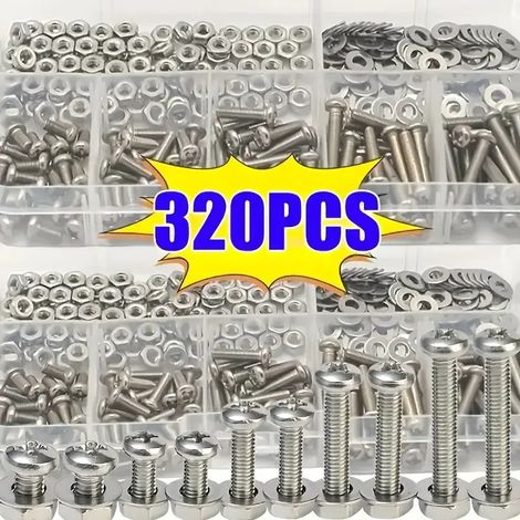 Kit combiné de 320 pièces en boîte : vis cruciformes à tête ronde, boulons, écrous et rondelles M2/M2.5/M3/M4/M5 – Pour réparation et assemblage (1/5)