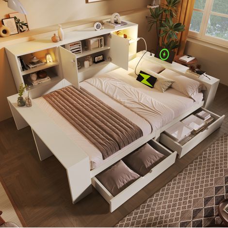 Lit avec tiroirs 140x200 cm avec tiroirs, tête de lit avec ports USB et Type-C, en bois, blanc, sans matelas (1/5)