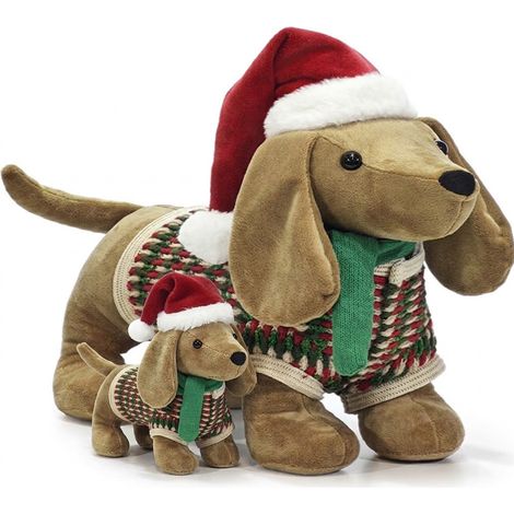 Famiglia Cane Bassotto mamma e figlio Natalizio Morbido ALTI cm 34 & 20 con vestito verde Cappello rosso di Babbo Natale  Sciarpa  e Maglioncino Pupazzo Peluche Decorativo per Casa,Feste idee regalo (1/5)