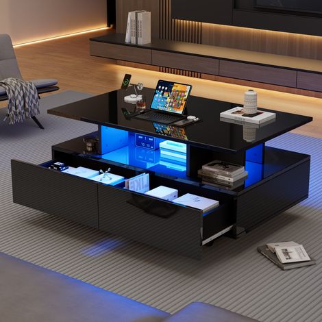 Tavolino da caffè con contenitore, 2 cassetti, tavolino LED da divano, capacità di carico 30 kg, 90x55x41 cm, nero