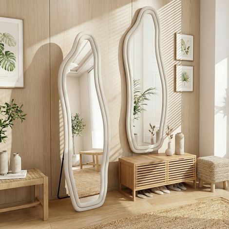 Specchio 160x50cm, grande specchio a parete con cornice in velluto morbido, specchio a figura intera infrangibile HD per camera da letto e soggiorno, stile moderno(160x50cm, Bianco)