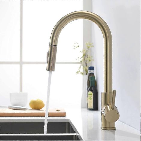 Küchenarmatur aus gebürstetem, goldfarbenem Metall mit ausziehbarem Brausekopf und 360° schwenkbarem Auslauf (1/5)