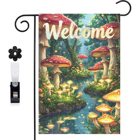 Drapeau de jardin 30 x 45 cm motif champignons et forêt fantastique toile double face pour jardin et terrasse (1/5)