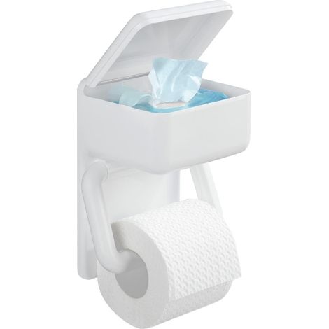 Porte Papier Toilette Mural WC 2en1, dérouleur Papier Toilette et Boite de Rangement, Plastique, 16x20x11 cm, Blanc (1/5)