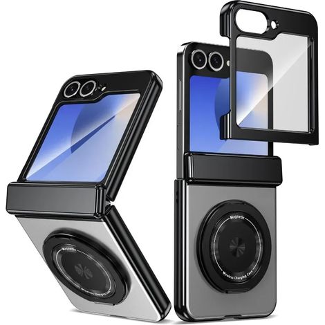 (Argent, Galaxy Z Flip6) Étui de téléphone de voiture avec anneau magnétique rotatif à 360°, charnière d'écran antichoc et protection arrière (1/5)
