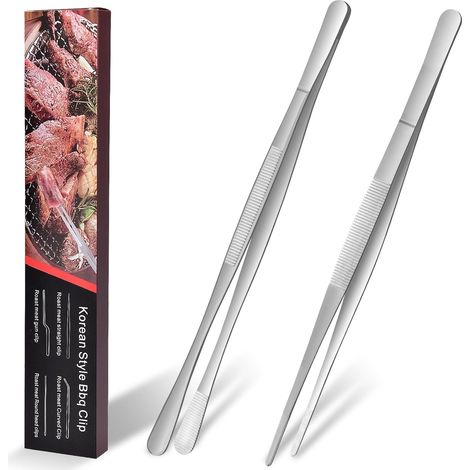 Pinzas de cocina de acero inoxidable, juego de 2 pinzas para asar a la parrilla, utensilios de cocina para hornear y asar, 25 cm, color plata. (1/5)