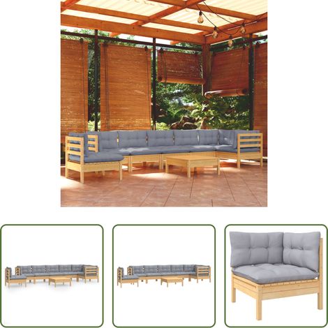Terrassensofa - 9-tlg. Garten-Lounge-Set mit Grauen Kissen Kiefer Massivholz (1/5)