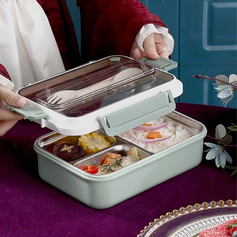 Bento-Lunchbox für Kinder und Erwachsene – 3 Fächer, grüner Lebensmittelbehälter (1000 ml) – PP-Material, gefrier- und mikrowellengeeignet (1/4)