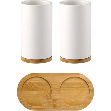 Porte-brosse à dents, ensemble de gobelets de style scandinave avec base en bois et bouteille pour économiser de l'espace dans la salle de bain (blanc, taille : 2 tasses + base en bois)
