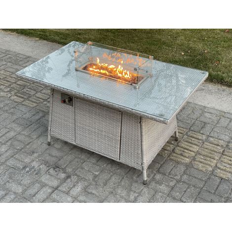 Fimous Light Grey Mixed Rattan Fire Pit Table Dining Table Gas Heater Burner Garden Furniture Accessory Patio (1/4)