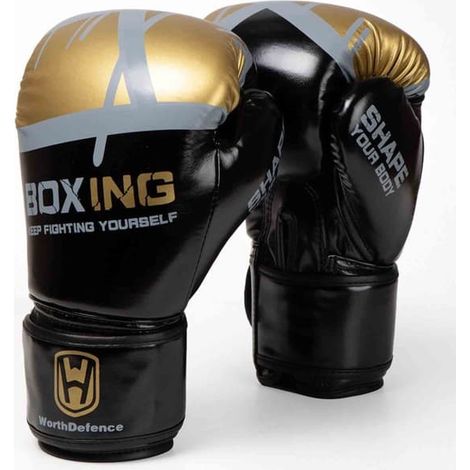 WOSWEIR 1 paire de gants de boxe 12 oz pour l'entraînement au kickboxing chez les adultes - Noir/Or (1/5)