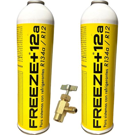 Pack 2 Envases FREEZE +12A 420g  Sustituto Orgánico R134a R12  Incluye Válvula de Carga  Gas Ecológico de Alta Eficiencia