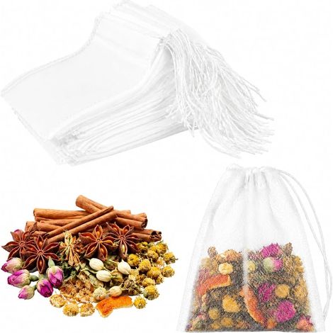 100 Sachets à Thé Jetables 8 x 10 cm en Non-Tissé Alimentaire avec Cordon - Sachet de Thé Vide à Remplir pour Thé en Vrac, Épices, Herbes et Café, Filtre à Thé Blanc à Usage Unique (1/5)