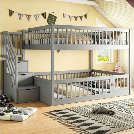 Lit superposé moderne en bois massif gris 140x200 cm avec escalier de rangement, barrières de sécurité et tiroirs (1/5)