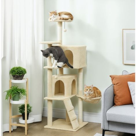 Árbol rascador para gatos de 160 cm beige con hamaca, escalera, caseta y postes de sisal OKWISH (1/5)