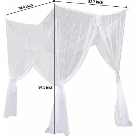 Moustiquaire, lit king size à quatre rideaux d'angle auvent pour lit simple pour tous les lits de bébé et lits pour chambre d'adulte, chambres d'enfants, berceau pour bébé, jardin, camping (blanc)