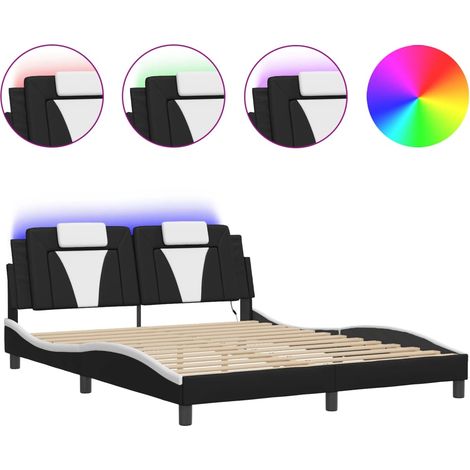 Lit double  Lit adulte  Cadre de lit Viana avec LED sans matelas noir et blanc 160x200 cm