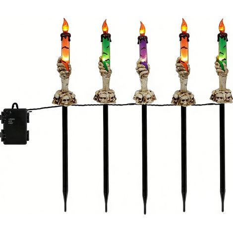 Lot de 5 lanternes bougies crâne avec piquet lumineux, sur piles, étanches, avec minuterie, pour allée et jardin (1/5)