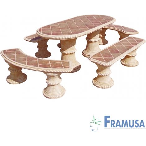 CONJUNTO COMEDOR PIEDRA OVALADO JARDIN SAUCE TOSTADO CON AZULEJOS OCRE