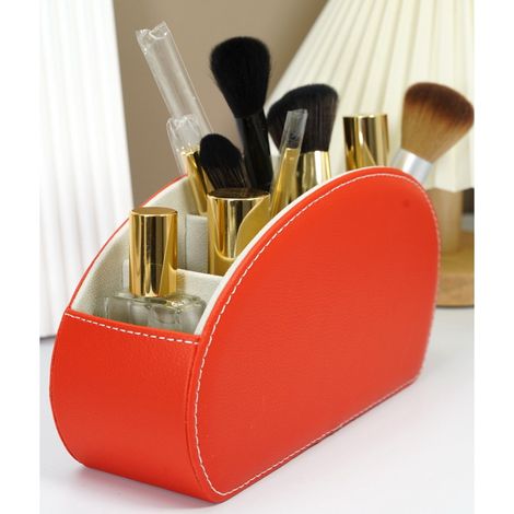 Boîte de rangement à 5 compartiments, en cuir doublée de daim, idéale pour ranger télécommandes, produits cosmétiques et fournitures de bureau. Parfaite pour le salon, la chambre et le bureau (rouge). (1/3)