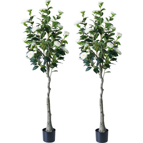 Lot de 2 Arbre à Fleurs de Camélia Blanc réaliste, 150cm Arbre à Fleurs Artificiel, Plante Florale en Pot Blanc pour la décoration intérieure de la Maison (1/5)