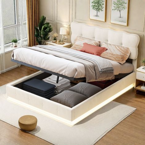 Lit coffre 160x200 cm avec led, lit double avec sommier à lattes, grand rangement hydraulique, tête de lit capitonnée, beige velours lit adulte (1/5)