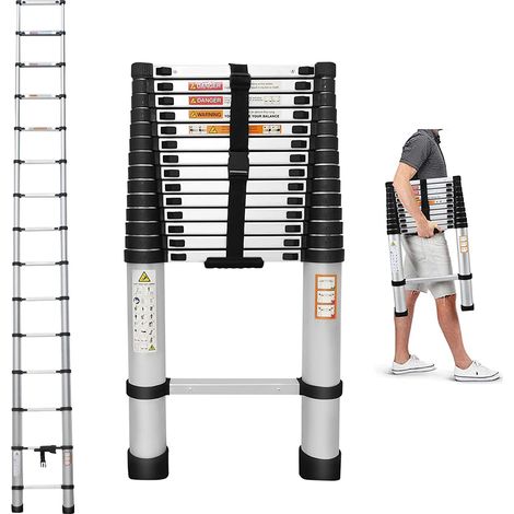 4.4M Extension Attic Ladder Telescopic with Hooks Steps Aluminim Extend 330lbs Max Capacity Mutil Purpose Straght Ladders Safe for Roof Office Home Household Daily Loft Lighweight Portable (1/5)
