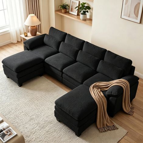 Canapé modulable panoramique en forme U-Canapé d'angle modulable super grande en forme U,coussin de siège nuage double couche, 2poufs amovible, tissu velours au lait Noir